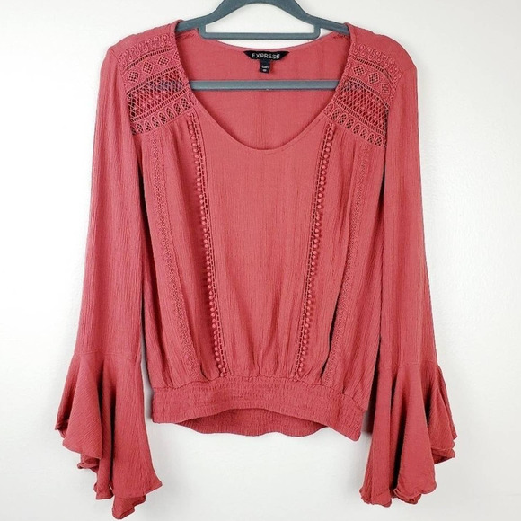 Express Crochet Inlet Schiffli Lace Bell Sleeve Elastic Waist Blouse Top Sz XS - Picture 1 of 14